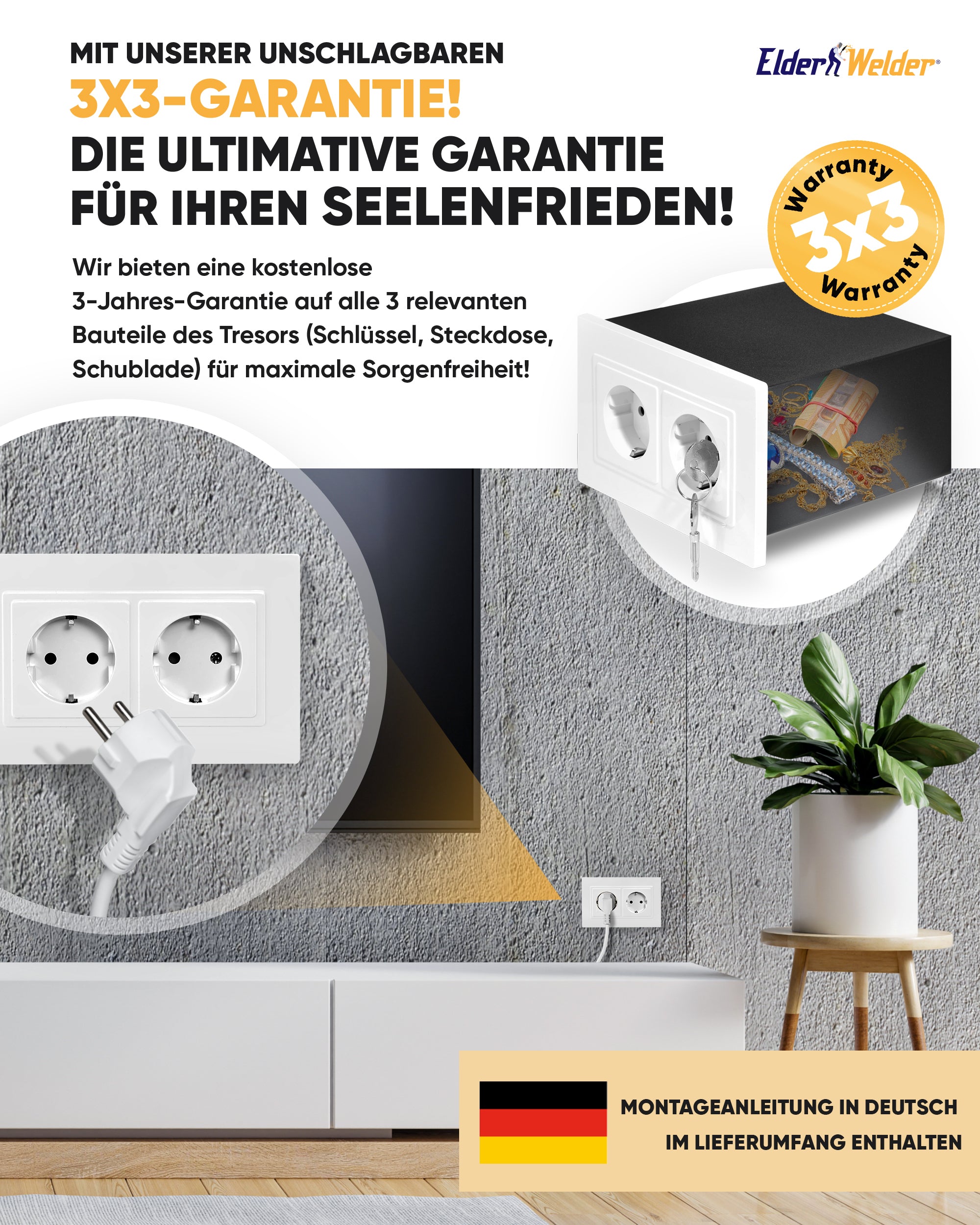 Steckdosentresor mit eingebauter Steckdosen-front (14 cm tief)