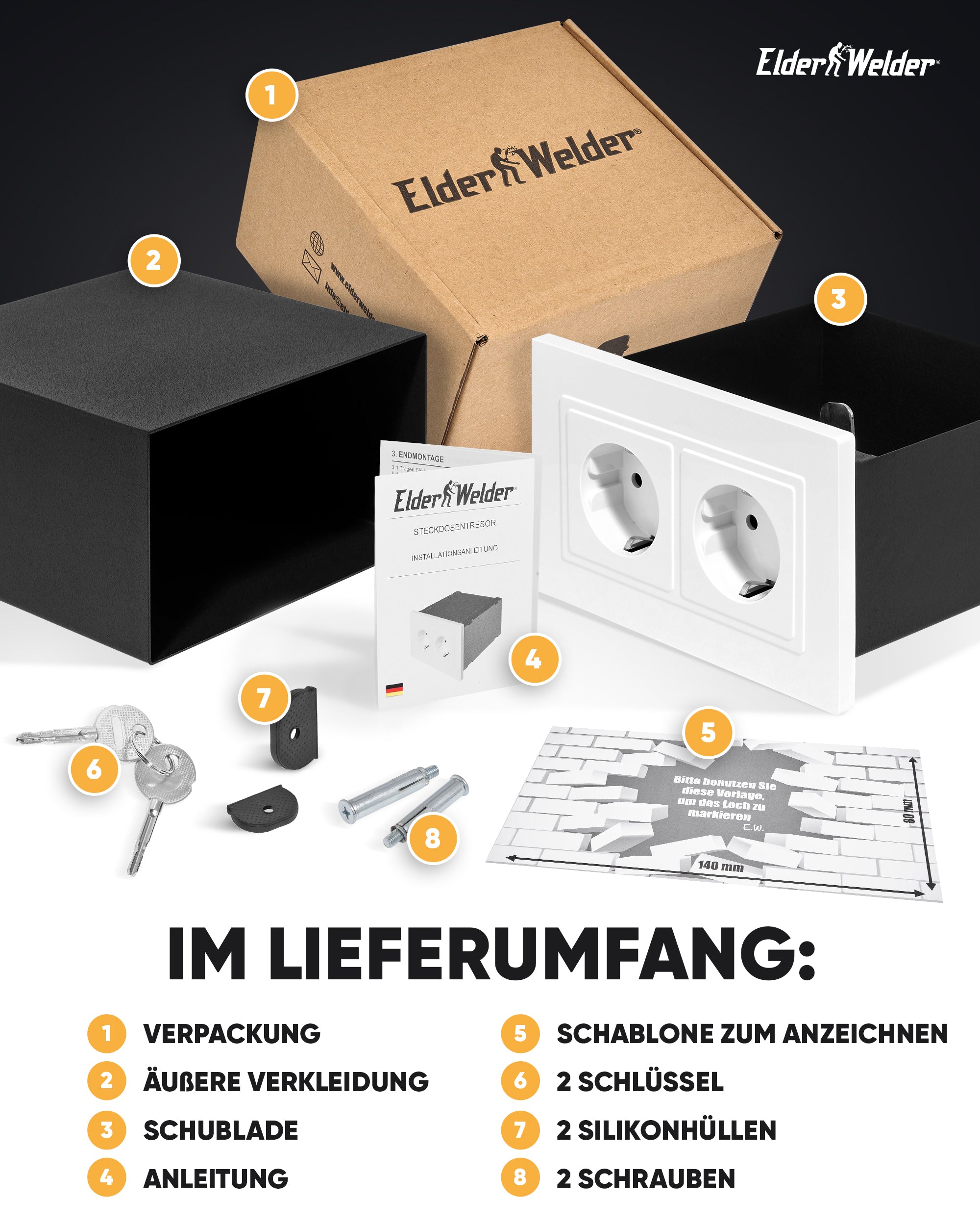 Steckdosentresor mit eingebauter Steckdosen-front (14 cm tief)