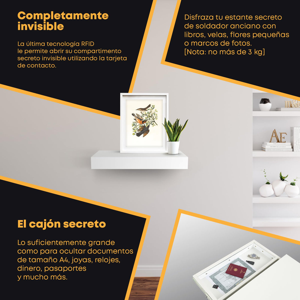 Estante con compartimento secreto blanco, cerradura RFID – imagen 4