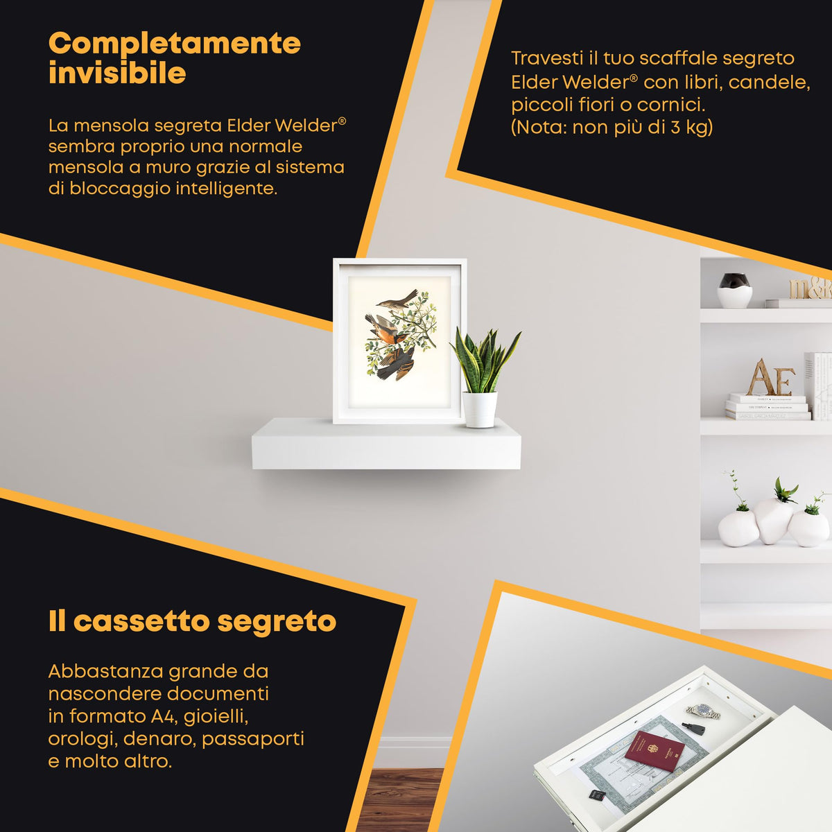 Mensola con scomparto segreto bianca, serratura magnetica – immagine 4