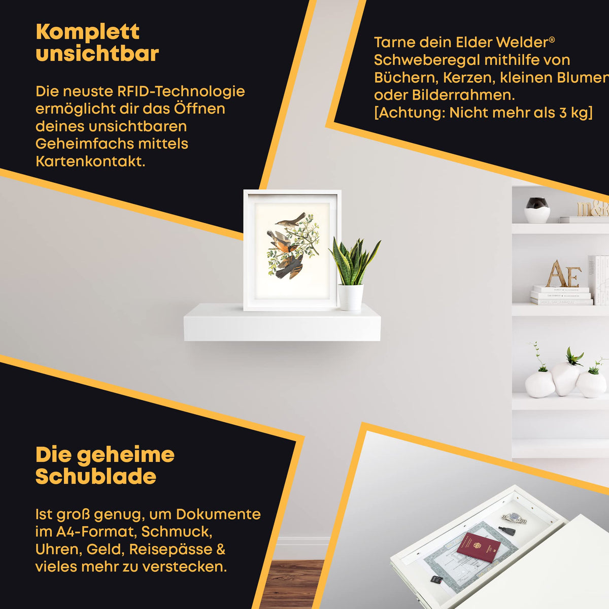 Wandregal mit Geheimfach Weiß, RFID-Schloss – Bild 4 