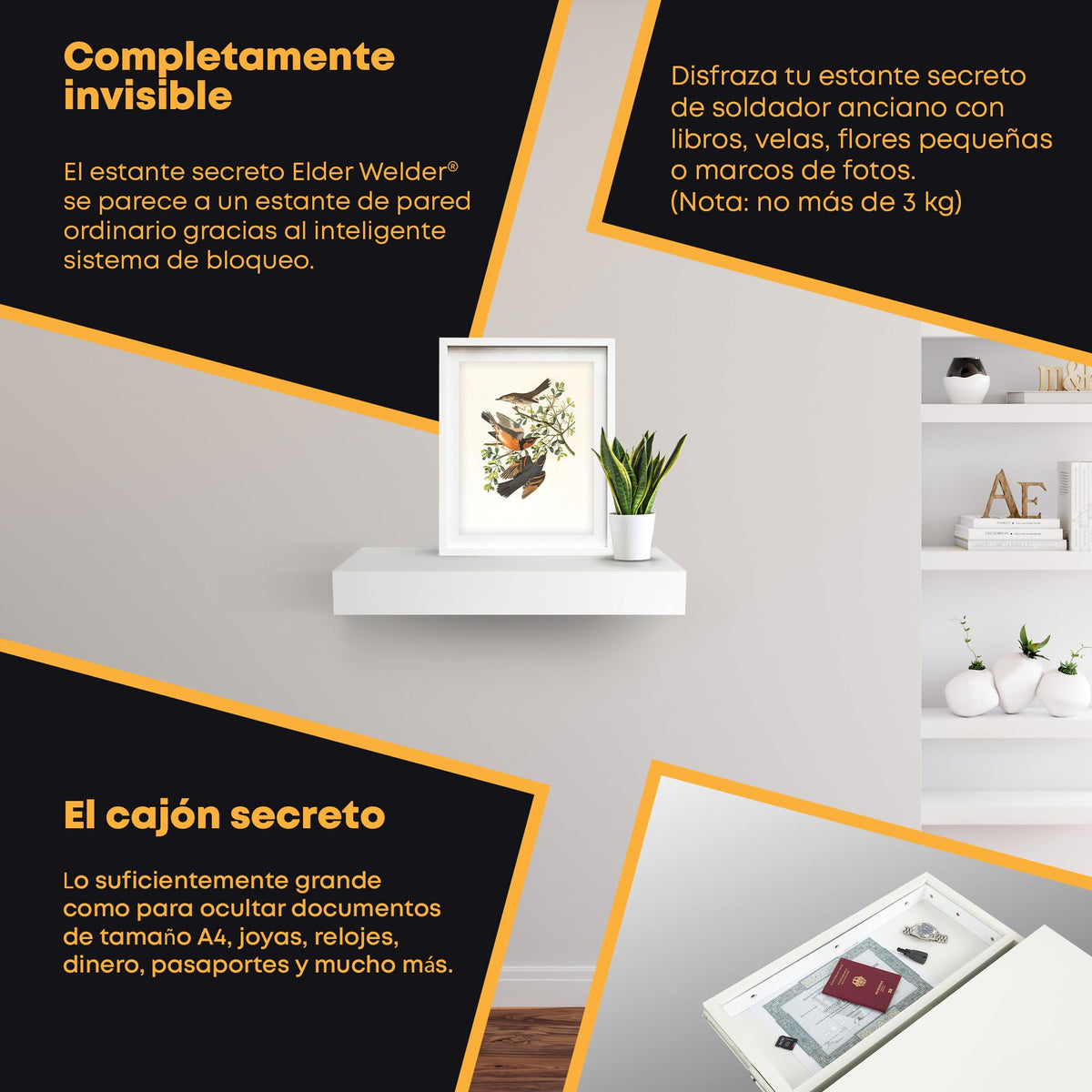 Estante con compartimento secreto blanco, cerradura magnética – imagen 4