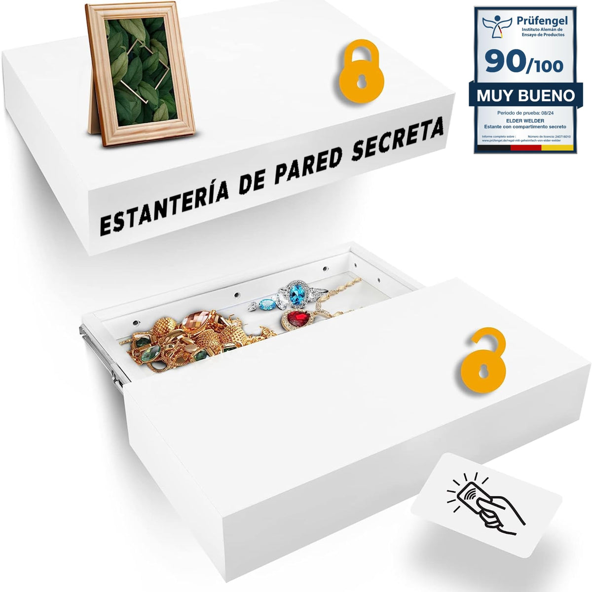 Estante con compartimento secreto blanco, cerradura RFID – imagen 1