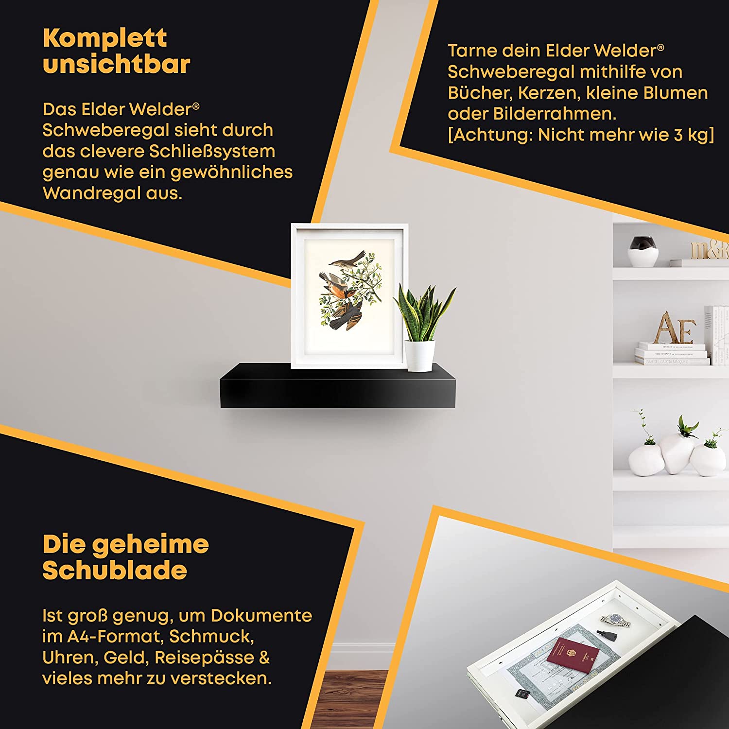 Wandregal mit Geheimfach (Schwarz)